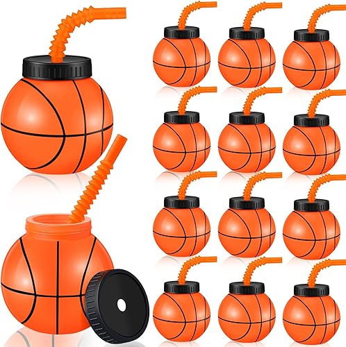 Miniatura 8 de Nuanchu Juego de 24 tazas de baloncesto de 14 onzas con pajitas y tapas, vasos de bolas de plástico reutilizables, vasos de baloncesto para fiestas,
