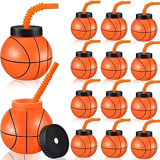 Nuanchu 12 Sets 14 oz Basketball Cups with Straws and Lids Plastic Ball Cups Reusable Basketball Party Cups Bulk Basketball Party Favor for Kids Birthday Sports Theme Party Supplies