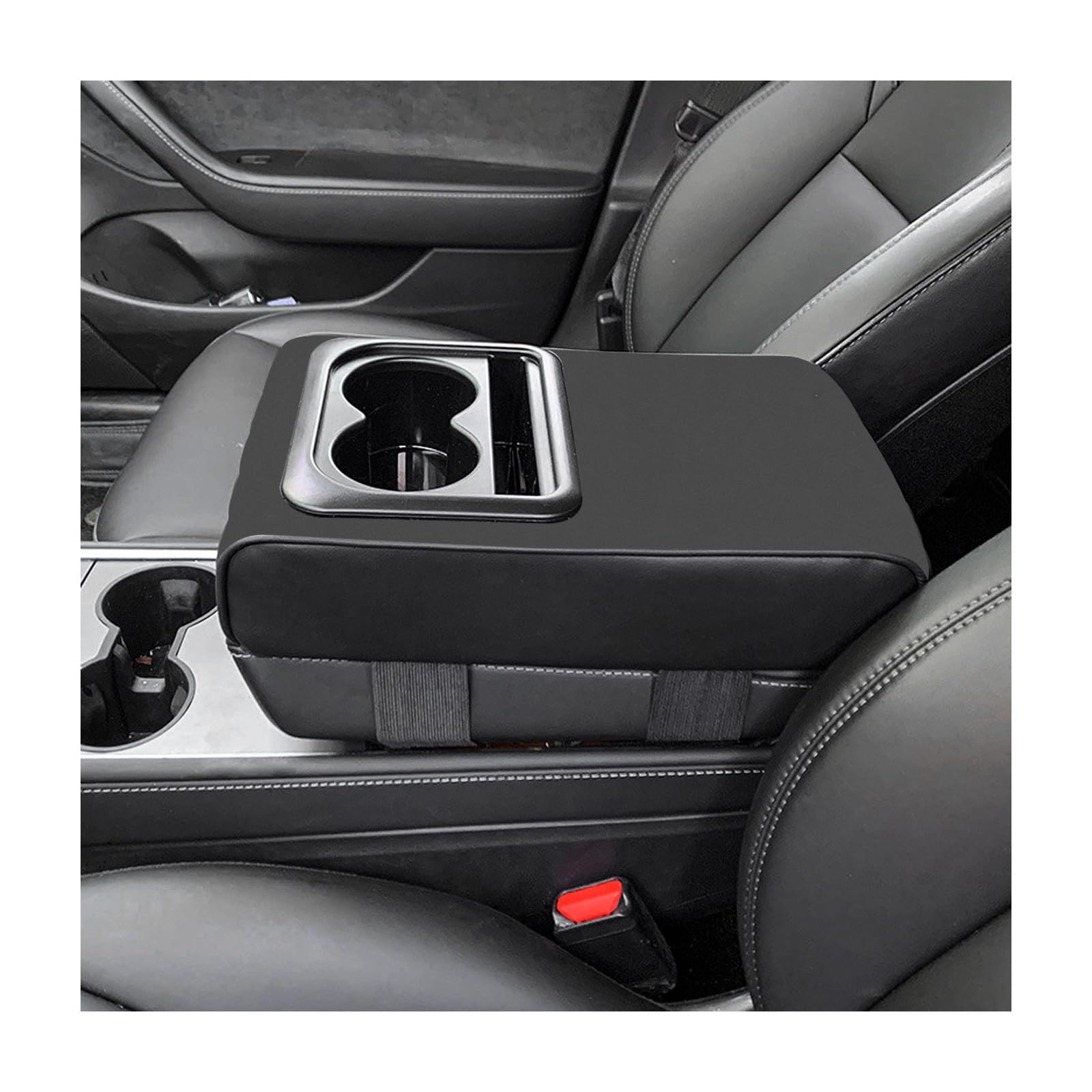 Car Center Console Armrest Pillow, Leather Auto Arm Rest Cover Protector with Cup Holder and Phone Holder, Memory Foam Armrest Cushion for Most Vehicles (Black, Glossy)