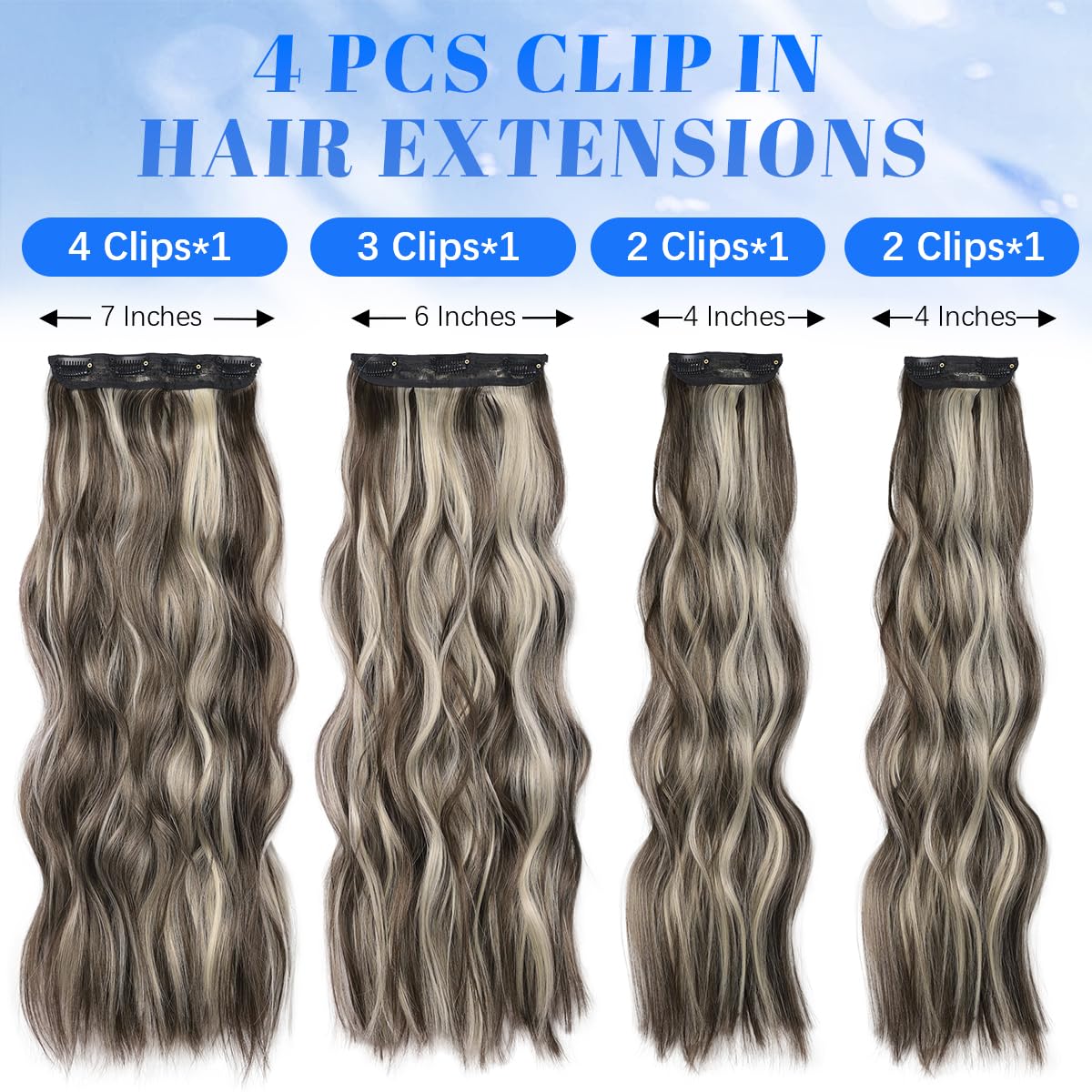 JIAMEISI Hair Extensions Clip in 4PCS Full Head Long Wavy Hair Extension Highlight Synthetic Fiber 22 Inch 200g Clip in Thick Hairpieces for Women (#P8/88 Ash Brown Mixed Platinum Blonde) - Image 4