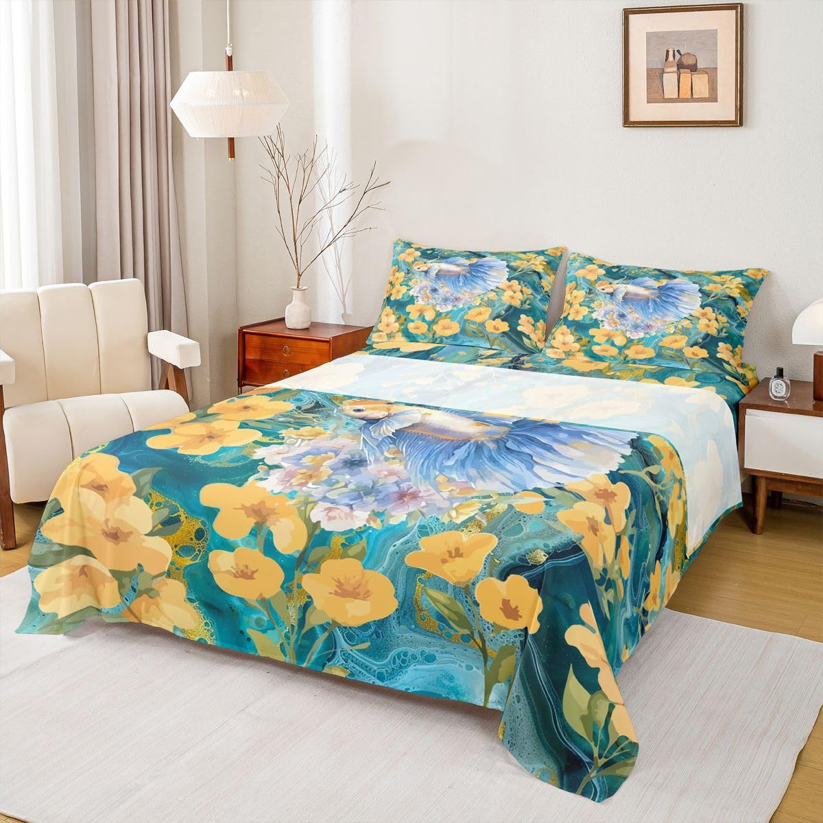 Homewish Urocza złota rybka zestaw pościeli podwójne boho kwiatowe rustykalne prześcieradła marmur ocean ryba zestaw prześcieradeł - zwierzęta przybrzeżne dopasowane górne prześcieradła 4 sztuki
