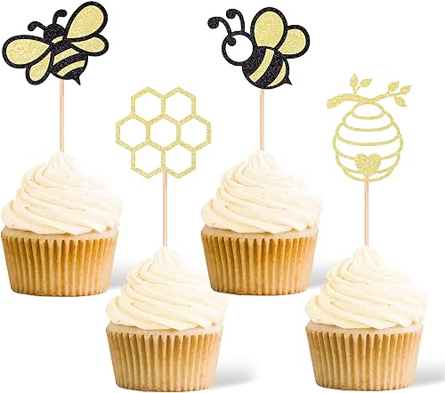 Miniatura 5 de 24 piezas Oh Babee para cupcakes con purpurina negra de doble cara Sweet Bumble Bee Baby Cupcake Picks Baby Shower para decoración de pasteles