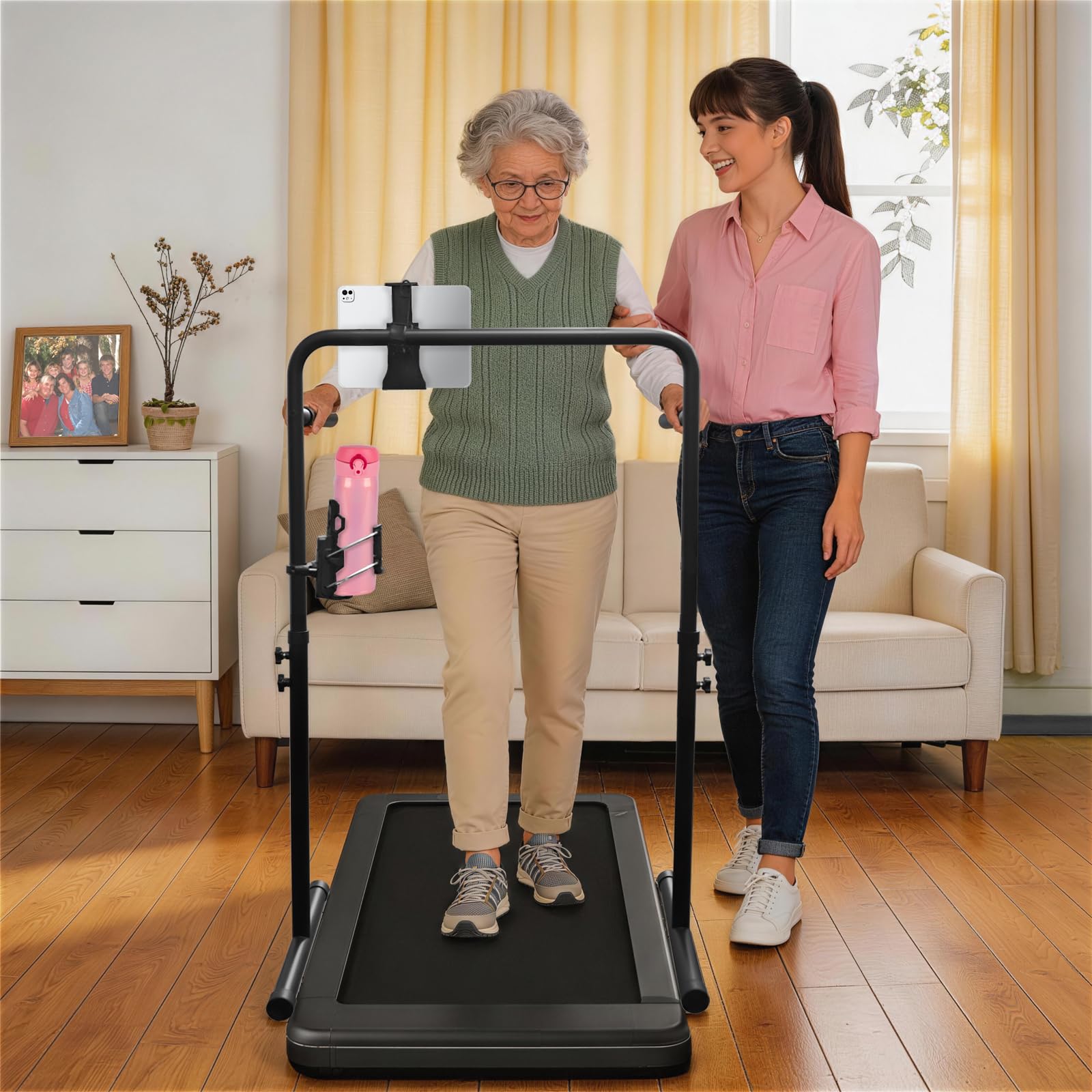 Lenker für Walking Pad Griffbügel, 62cm Breite Haltegriff für Gehunterlage Verstellbarer Griff für Gehpolster mit Handyhalterung und Getränkehalter