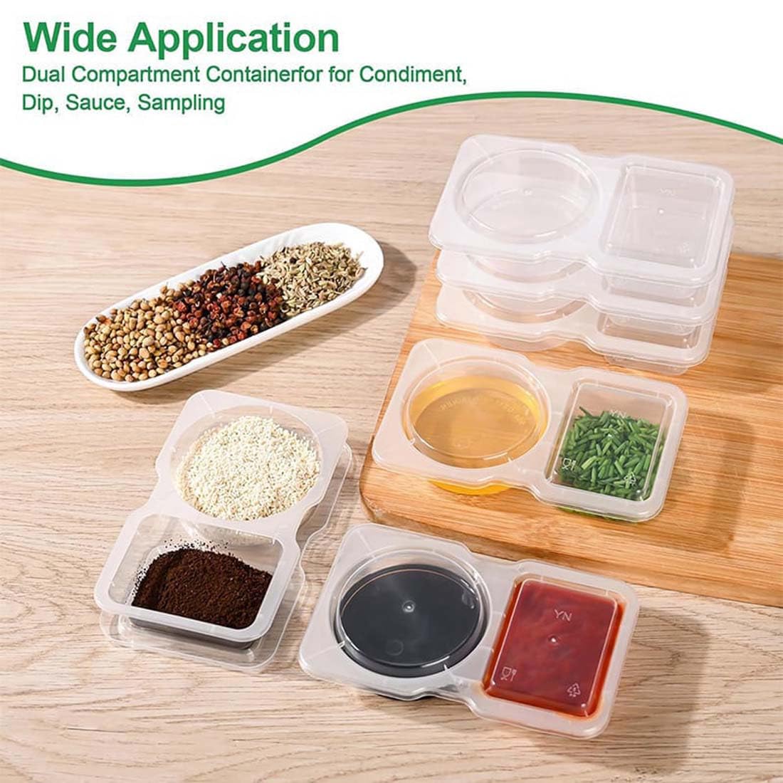20Stk Double Compartment Snack Containers with Lids, Salatdressing Behälter, Gewürzbehälter mit 2 Fächern, Snacks Auslaufsichere Gewürzbehälter für Mittagessen Picknicks und Reisen
