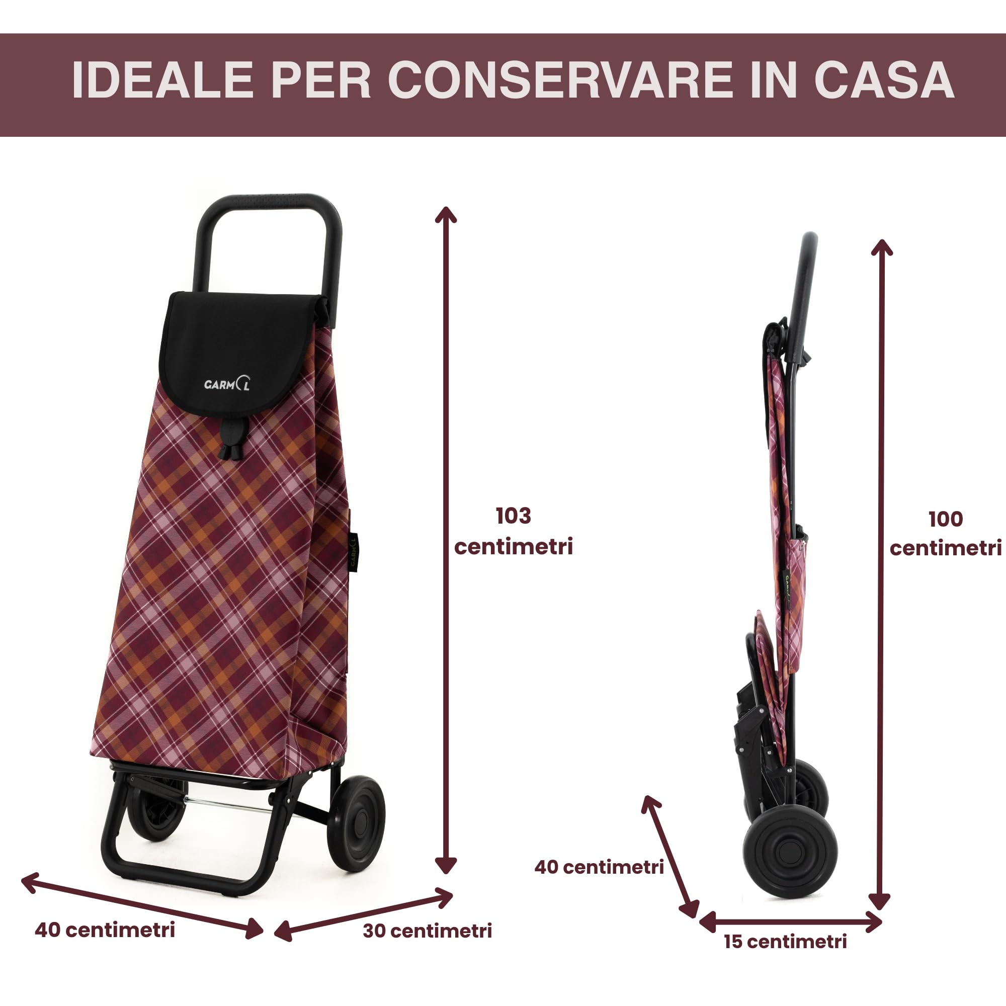 GARMOL Carrello della spesa pieghevole da 55 litri | Carrello della spesa 2 Ruote Grande Capacità | Carrello della spesa pieghevole colore bordeaux