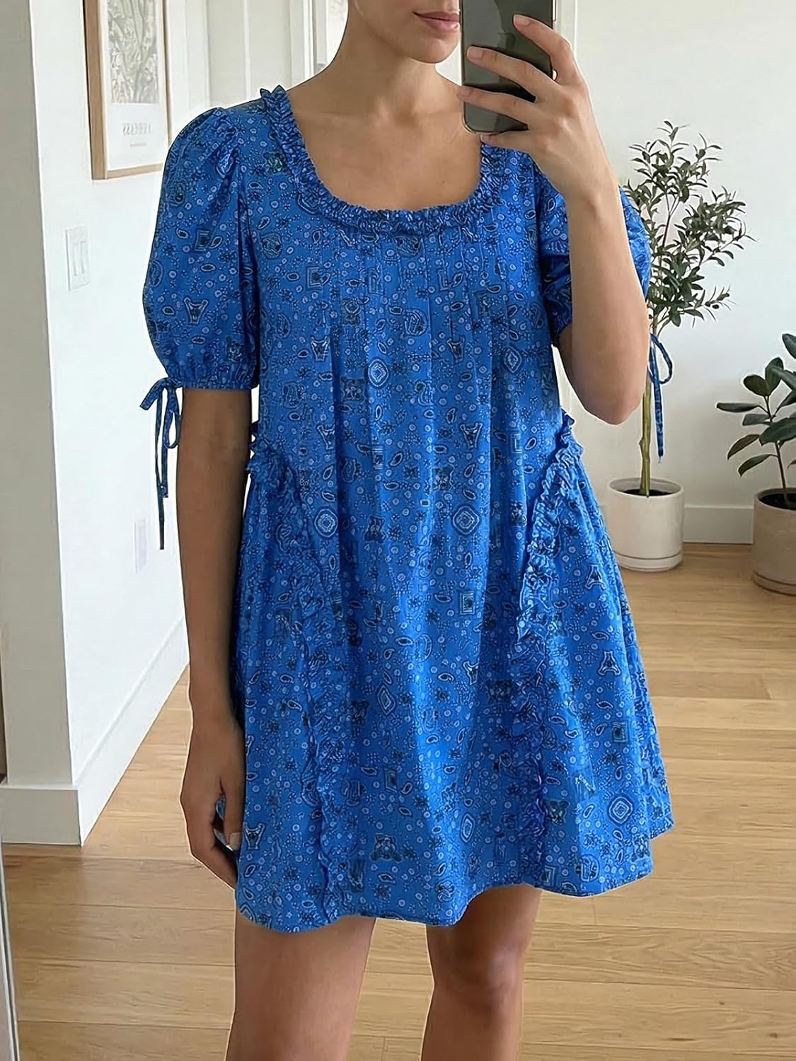 Wenrine Womens Babydoll Mini Dresses Casual Polka Dot Short Sleeve Square Neck Oversized Cute Summer Dress with Pockets
