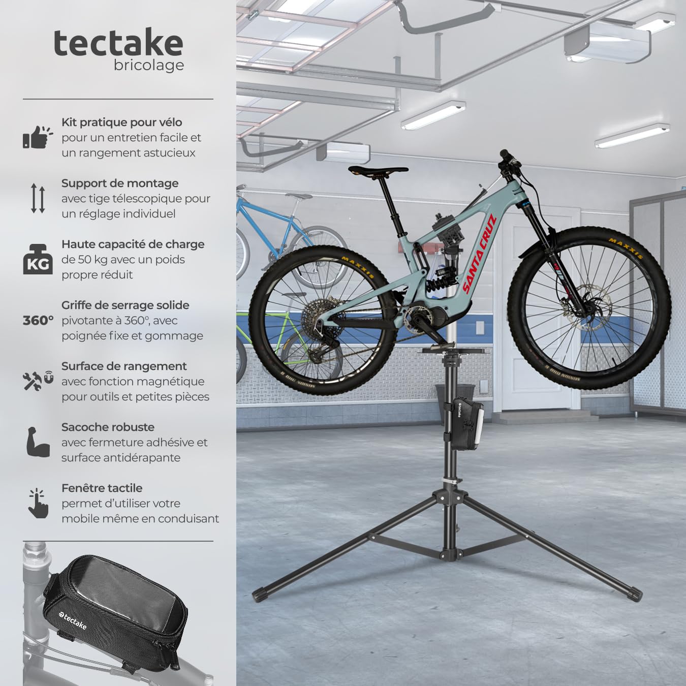 tectake® Set de Support Velo Pieds d'atelier & Sacoche velo, Montage Entretien Reparation VTT Vélo électrique Velo de course, Support pour Outils, Charge max. 50kg Réglable Pliable 138x120x117-180 cm