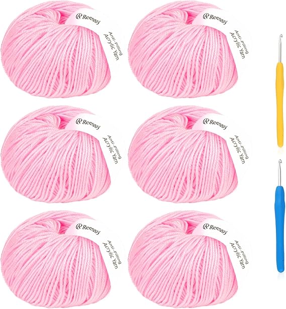 Acrylic Yarn for Crocheting - 6 Pack of 50g/1.76oz - Soft DK Weight Yarn (CYC #3), No-Splitting, Tightly Spun Acrylic for Smooth & Durable Crocheting – Toys, Scarves & Crafts(Pink)