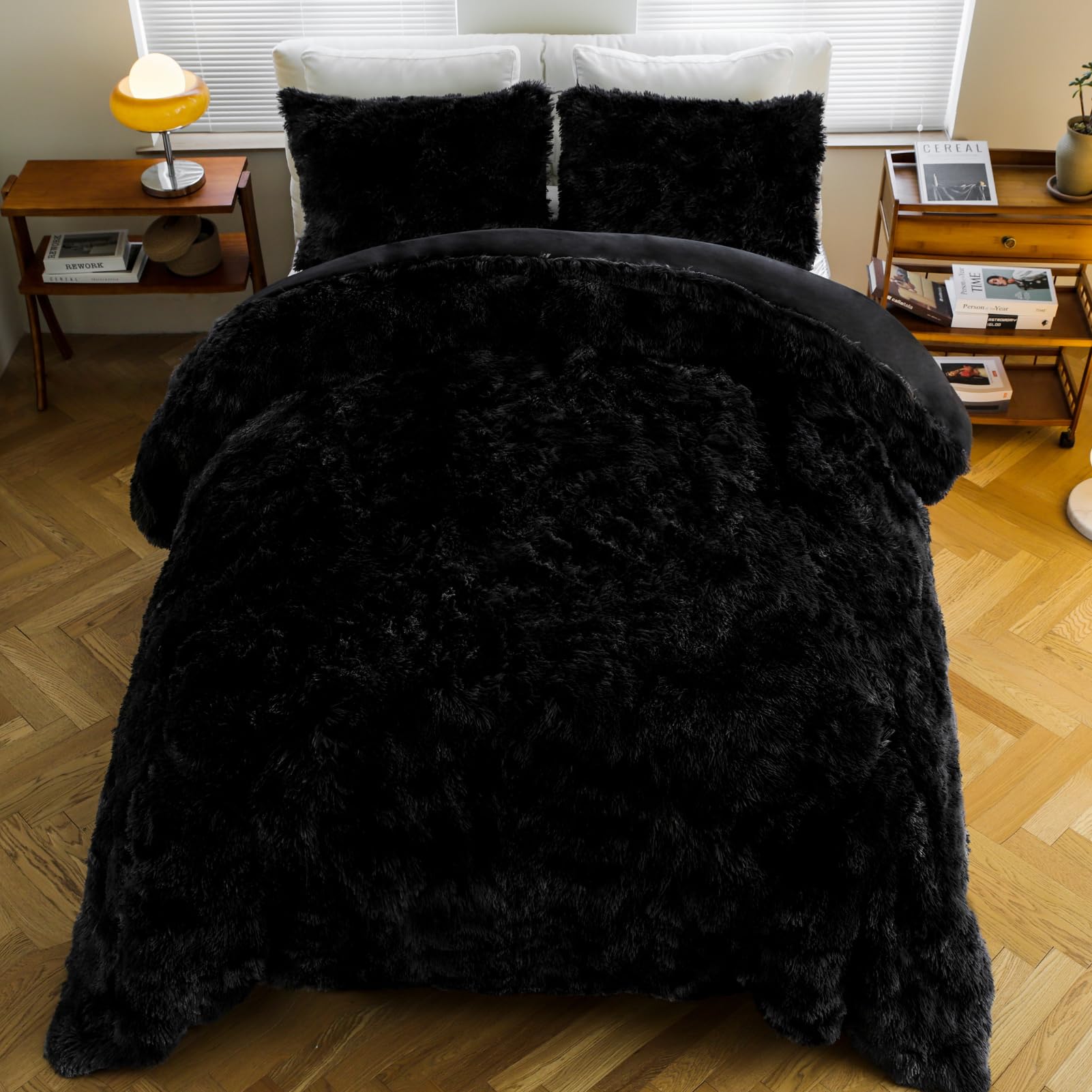 King Size Shaggy Comforter Set, Black Faux Fur Comforter Set with 2 Pillow Shams, Machine Washable Plush Shaggy Flannel Velvet Fluffy Bedding Comforter Set(King, Black)