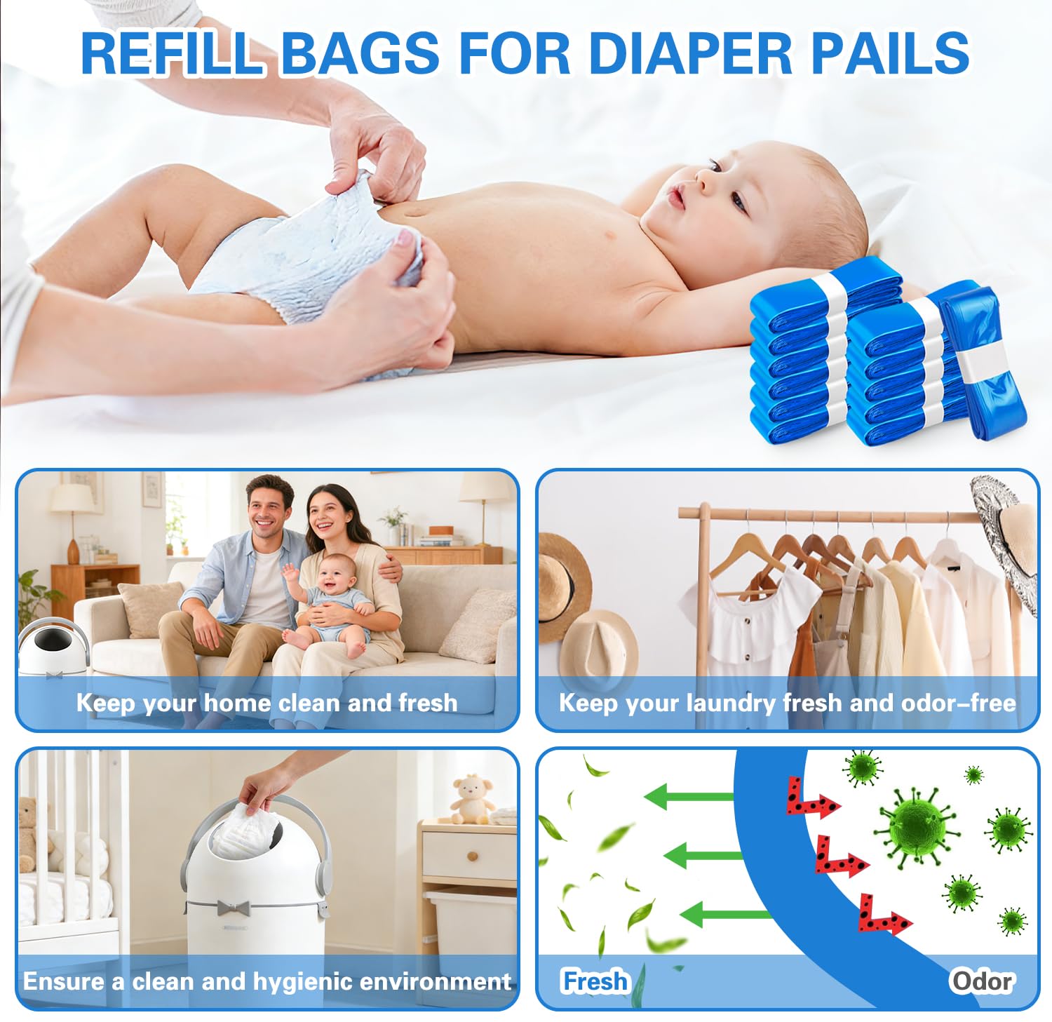 Bolsas de relleno de cubo de pañales | 12 piezas | Tecnología de 7 capas | Barrera antiolor y antibacteriana | Compatible con la mayoría de los modelos