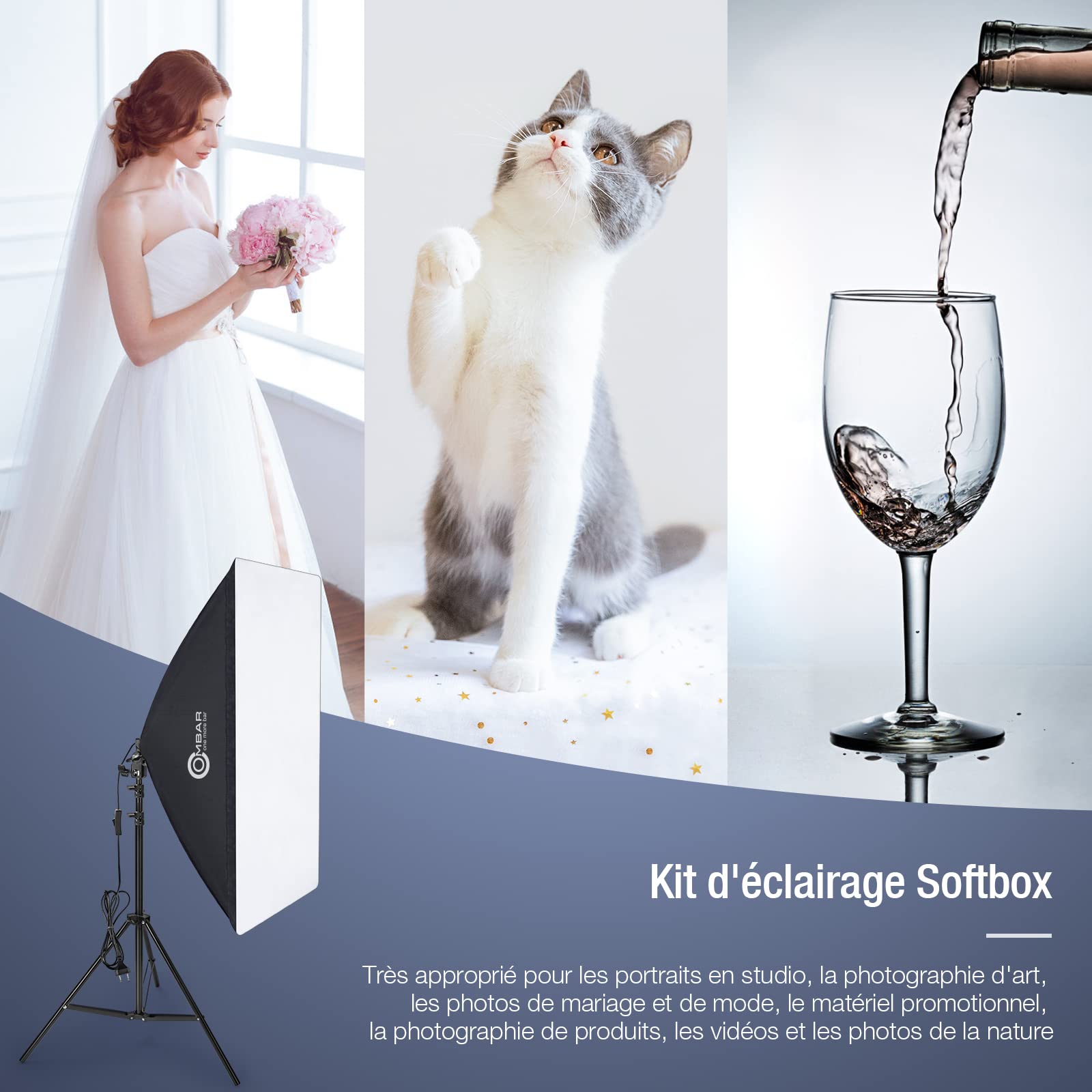 OMBAR Kit Studio Photo et éclairage,Photographie Kit avec 2.6 x 3m Support Fond Photo,4 Ampoules 135W E27 5500K, 2x3 m Fond (Noir Blanc Vert),60cm réflecteurs Parapluie et softbox