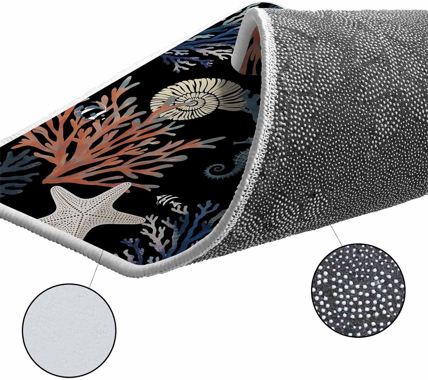 Black Blue Coastal Kitchen Rugs and Mats Set of 2, Non-Slip Kitchen Sink Mat, Summer Beach Coral Shell Starfish Seahorse Washable Doormat Bathroom Rugs Runner for Bedroom 15.7"x23.6"+15.7"x47.2"