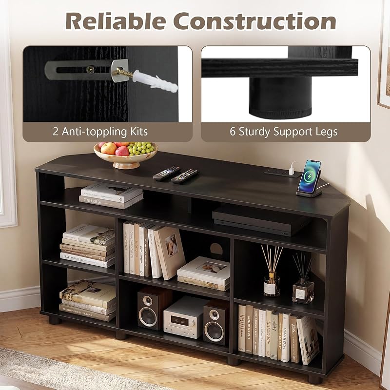 Tangkula Corner TV Stand for TVs up to 55 Inch, 4-Tier Entertainment Center with Power Outlets & Adjustable Storage Shelves, Media TV Console Table for Living Room (Black, 46.5”L) image 6