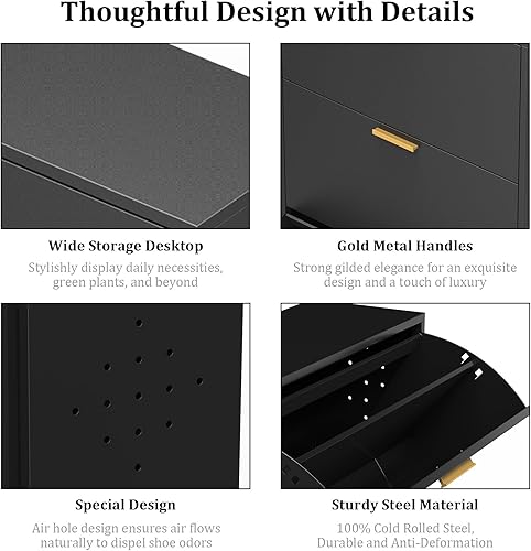 Miniatura 5 de Homtique Armario de almacenamiento de zapatos con 3 cajones abatibles para entrada, estante organizador de zapatos independiente de acero negro de 3