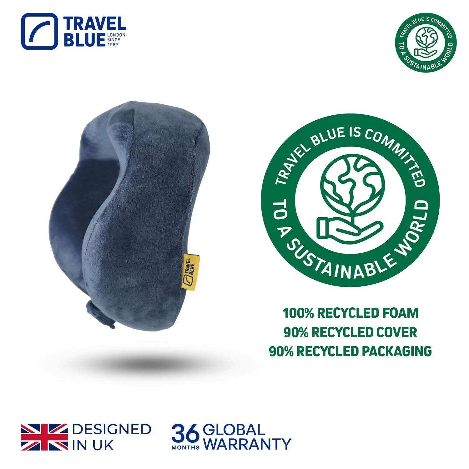 Travel Blue Almohada Cojín de Viaje de Espuma Viscoelástica Tranquility - Almohada Cervicales y Cuello de Viaje, Ajuste Más Ancho, Espuma de Memoria de Alta Densidad, Soporte Ergonómico (Blue)