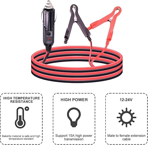 Miniatura 7 de Encendedor de cigarrillos macho a pinzas de cocodrilo, cable de cargador de batería, 16 AWG 12 V resistente enchufe de cigarrillos a clips de