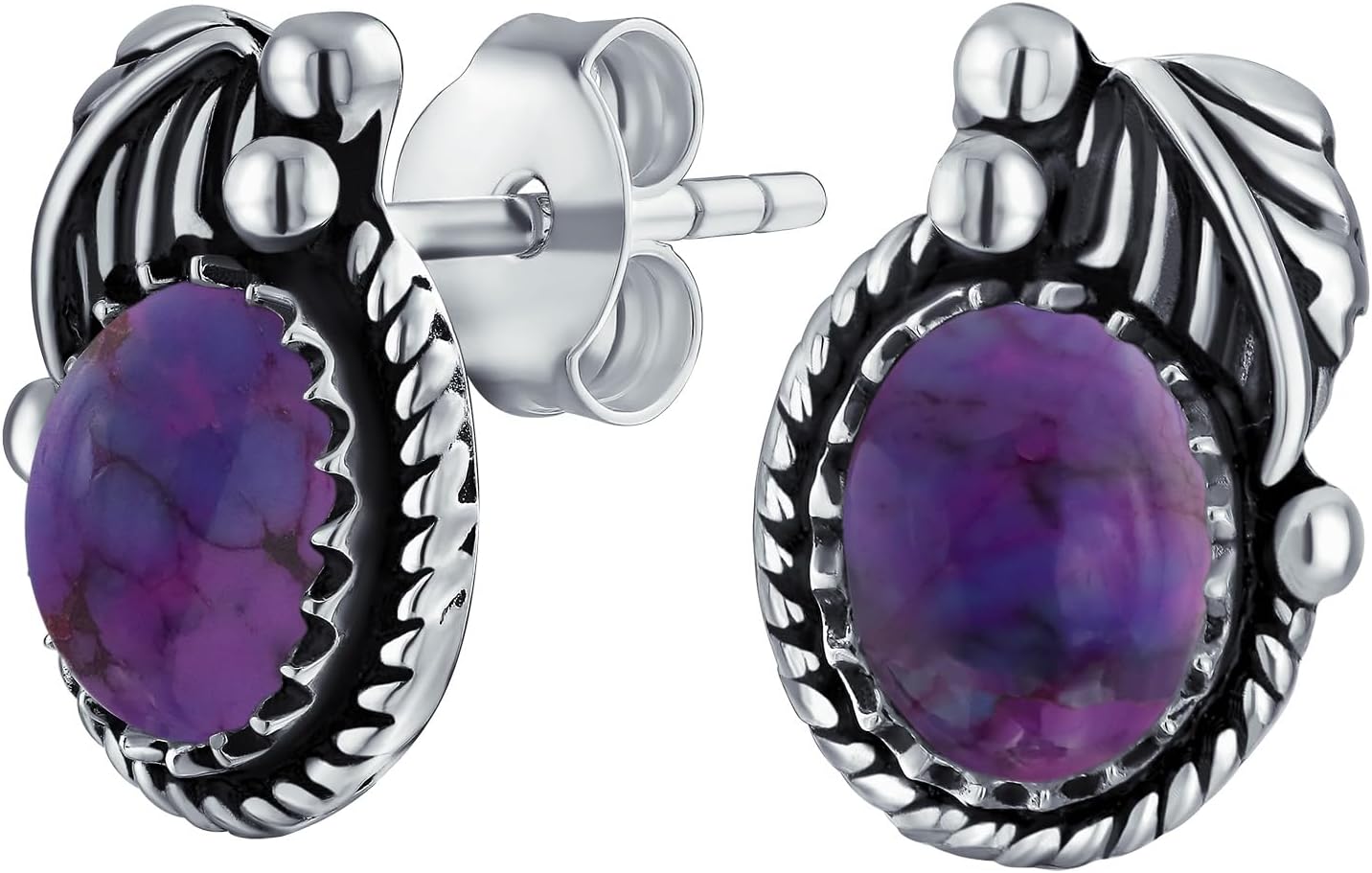 Bali Boho Bezel Set Ornate Round Stud Earrings For Women For Teen Oxidized .925 Sterling Silver More Gemstone Birthstones