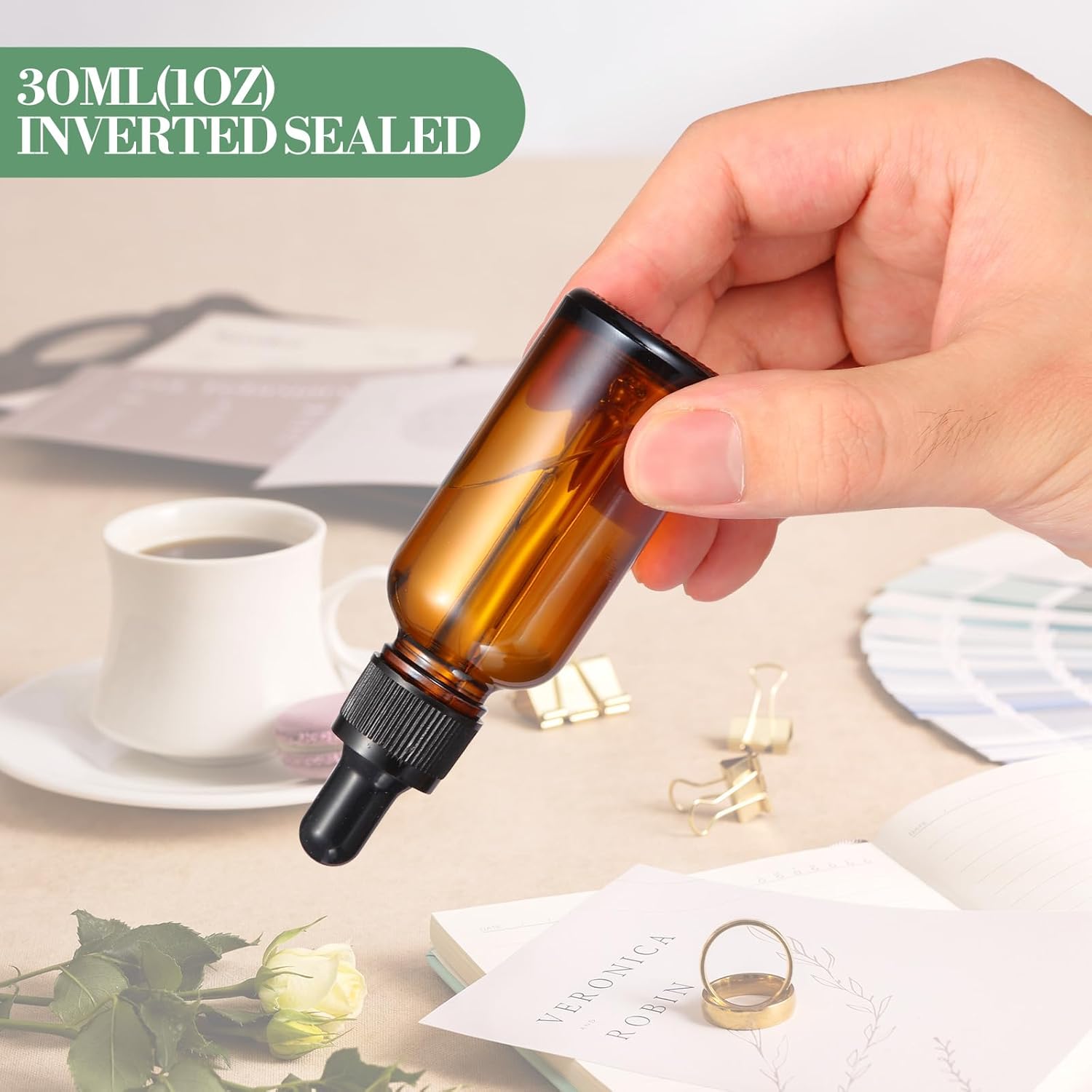 24 Pcs 1 oz Amber Glass Dropper Bottles, Leak-Proof Tincture Bottles with 2 Stainless Steel Funnel, 1 Extra Dropper, 48 Stickers & 1 Brush for Essential Oils, Perfume, Hair Oil, Travel Liquids