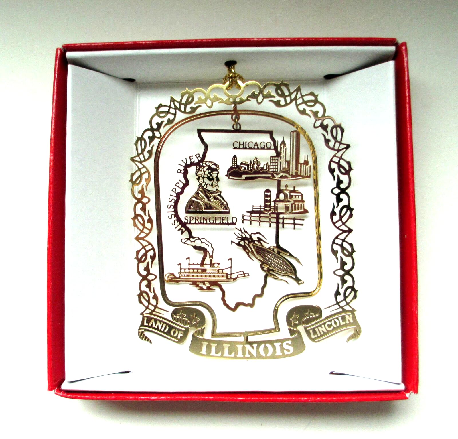 Nations Treasures Illinois State Christmas ORNAMENT Souvenir Gift Chicago Springfield Lincoln Corn