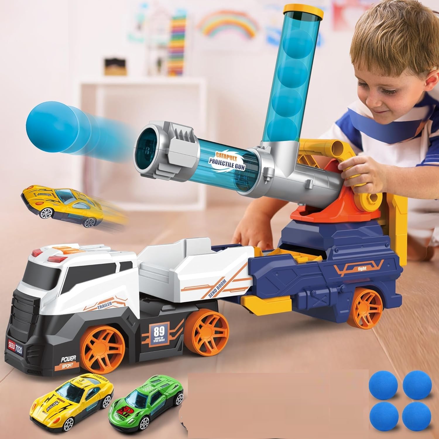 Truck Toys for Kids, 28" Large Car Toys Include 2 Racing Cars+4 Ball, with Light & Sounds, Eejection&Shooting Transport Cars Toy, Gifts for Boys Girls 3 4 5 6 7 8 Year Old