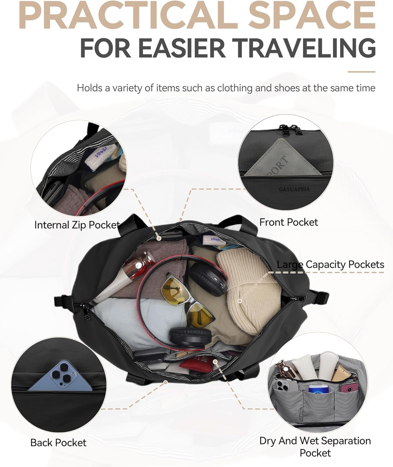 Oeihuivt Weekender Bags for Women - 21 Inch Large Travel Duffel Bag 2-Piece Set with Shoe Compartment, Heavy-Duty Canvas Leather Carry On Overnight Tote - Image 5