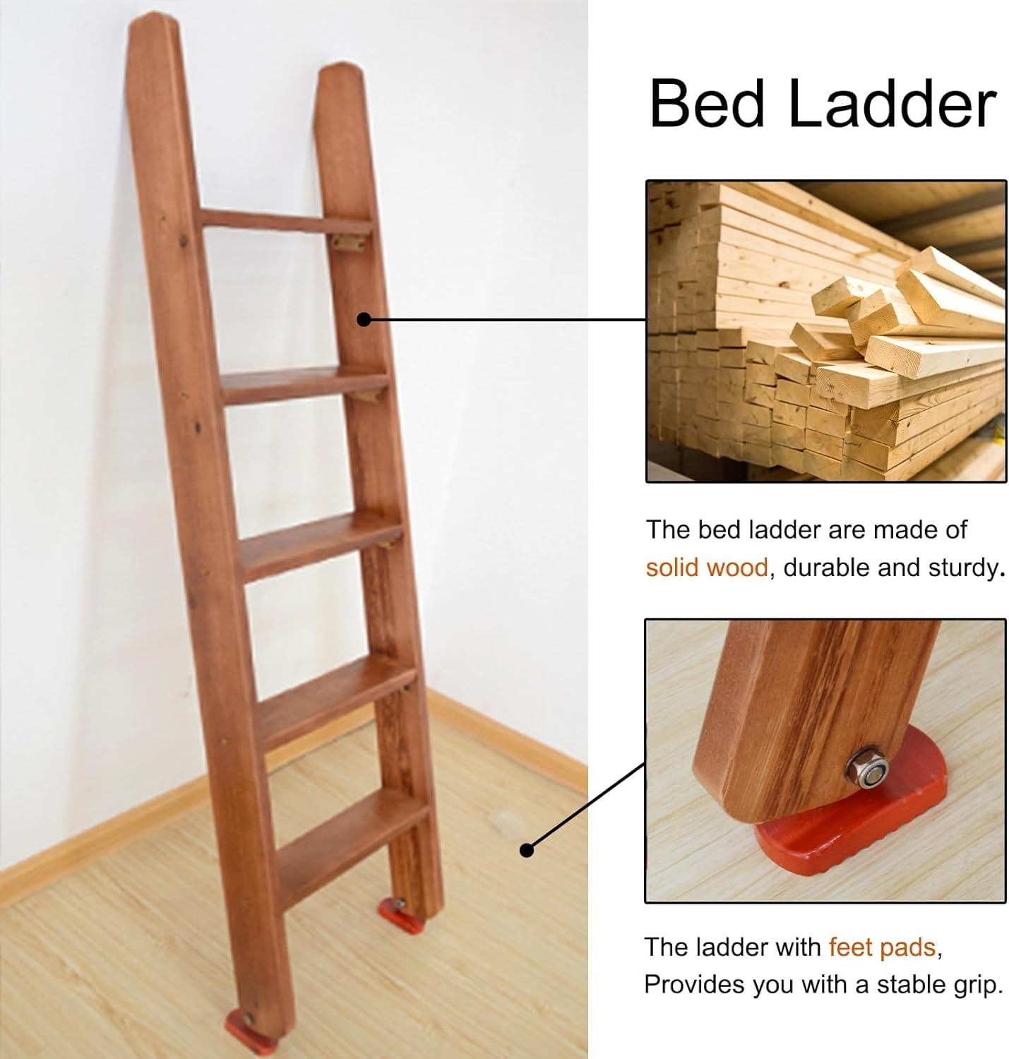 Escalera para Literas Escalera para Literas Escalera para Literas Dobles de Madera Maciza, Escalera para Literas de 3/4/5 escalones con Almohadillas de Goma Antideslizantes (Tamaño: 100 cm/3