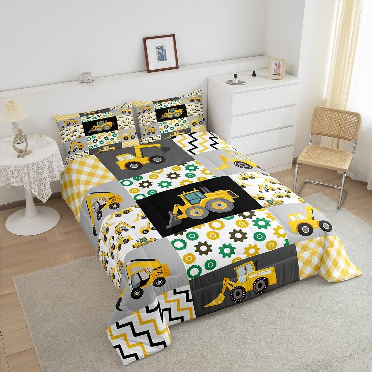 Toddler Cartoon Car Bedding Excavator Truck Bedding Comforter Sets Car Room Decor, Tractor Accessories Comforter Set Geometric Grid Splicing Patchwork Duvet Insert for Boys Teenagers, Twin