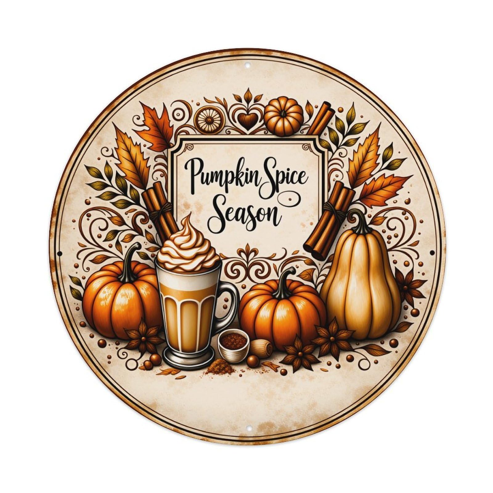 Wmlzdnwr Vintage Pumpkin Spice Season Autumn Leaves Cinnamon Sticks Gourds Coffee Cup Round Tin Sign,Retro Wall Art,Metal Poster For Home, Bar, Garage, Cafe, Rustic Indoor & Outdoor Decor, 8X8 Inches