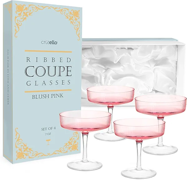 Crutello Champagne Coupe Glasses Set of 4, Pink 7oz Vintage Cocktail Glass, Ribbed Fluted Glassware for Champagne, Martini, Manhattan, Cosmopolitan, Spritz & Frozen Drinks