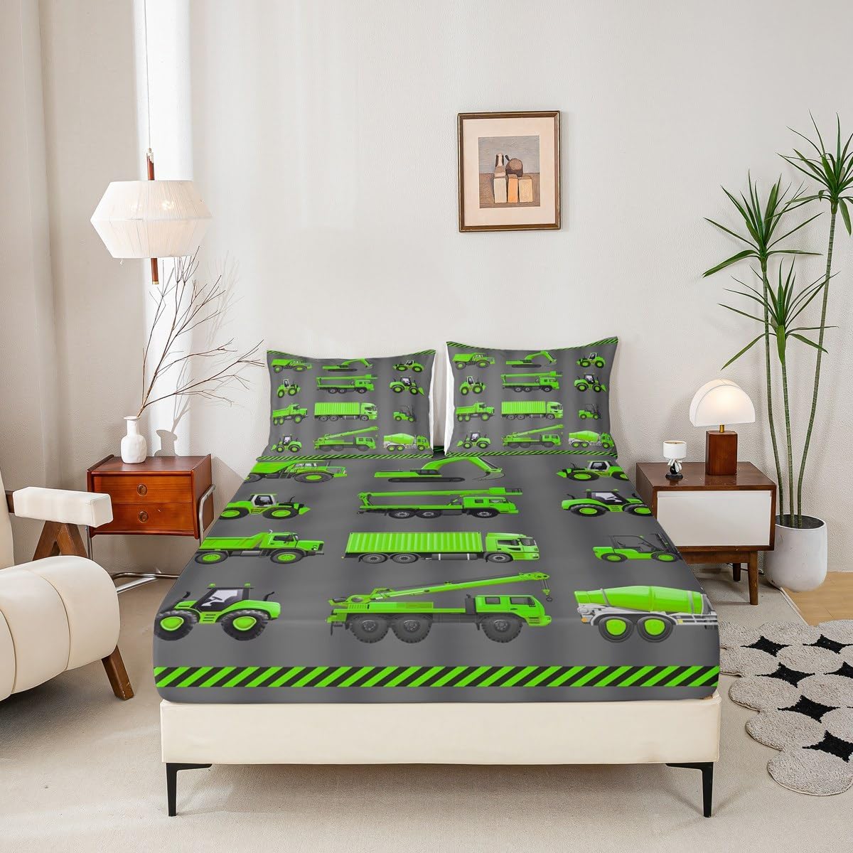 Feelyou Construction Bed Sheet Set Green Black Cartoon Excavator Bedding Sheets for Kids Boys Tractor Bedding Fitted Sheet Vehicles Truck Car Bed Cover 1 Bed Sheet Set with 2 Pillowcases Full Size