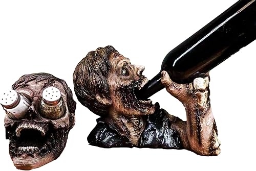 Ebros Spooky Walking Undead Gory Carne Decayed Flesh Zombie Head Botella de vino y vidrio Salero Pimienta Juego de figuras de Halloween Macabra Prop