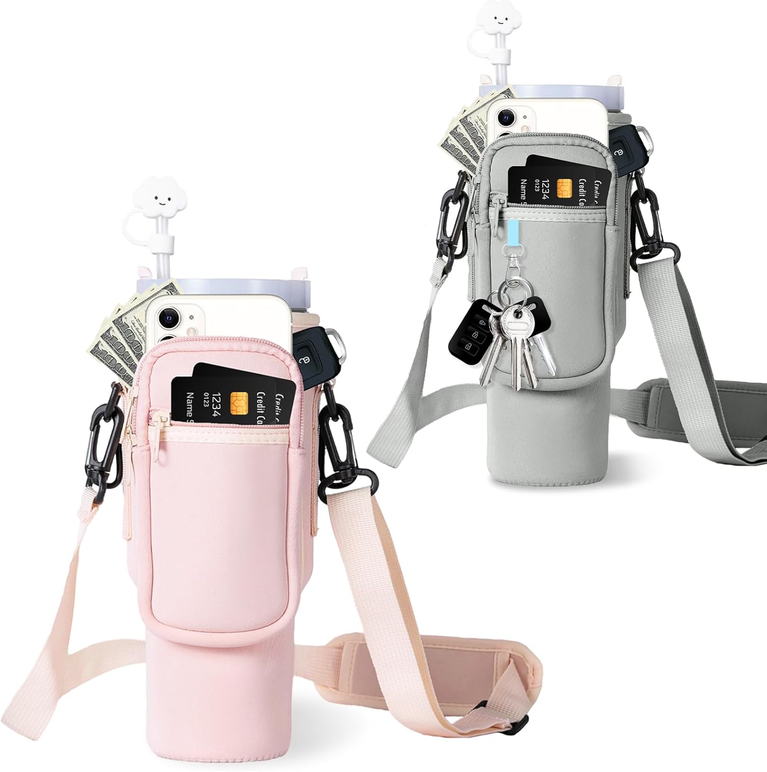 Water Bottle Carrier Bag with Phone Pocket for Stanley 40oz Tumbler with Handle（Pink+Gray）
