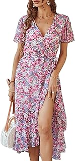 TcIFE Women's Bohemian Floral Print Long Dress V Neck Short Sleeve Summer Maxi Dresses Chiffon Fit Flowy Swing Party Beach...