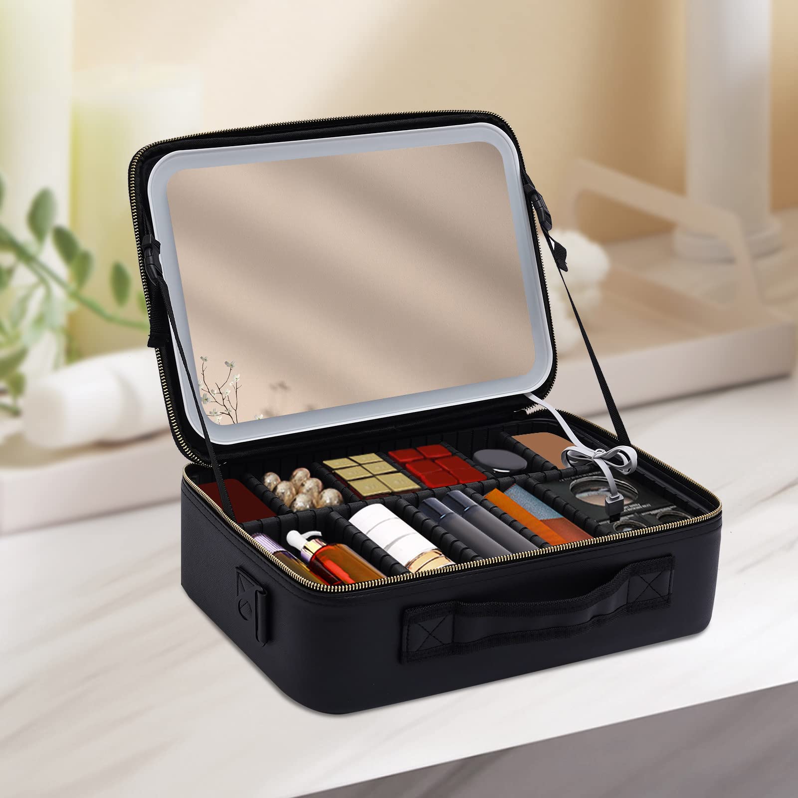 Reise-Makeup-Tasche,Kosmetiktasche Make up Organizer Tasche,3 Farbe Modi einstellbare Helligkeit, wasserdicht PU Leder Makeup Reisekoffer Makeup Zug Tasche,mit Spiegel Tragbar,Schwarz