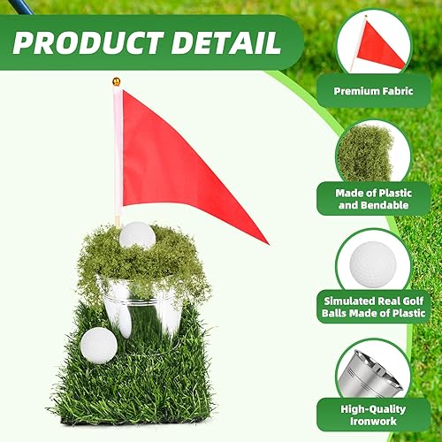 Miniatura 3 de Juego de 6 centros de mesa de golf para mesas, incluye 6 cubos de hierro, tapetes de césped artificial, banderas rojas, musgo artificial, 12 mini