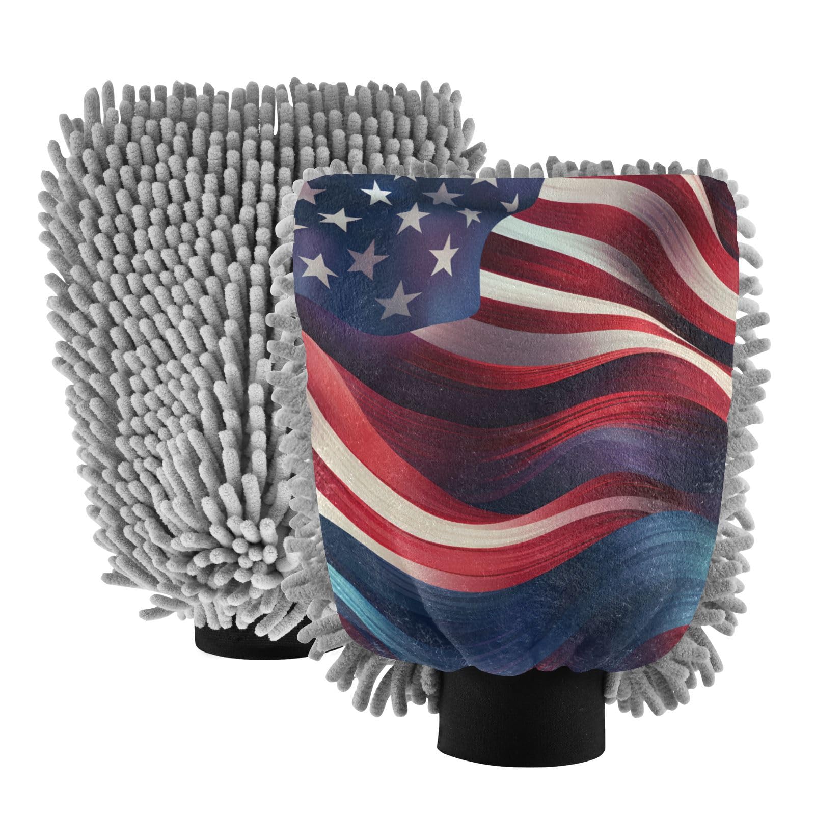 IOACIY Absorbent Microfiber Car Wash Drying Mitts, 2 Pack, Scratch-Free & Lint-Free, Rich Foam, Highly Absorbent, Double Sided, Wash Mitt Perfect for Car Washing, L, American Flag (1)