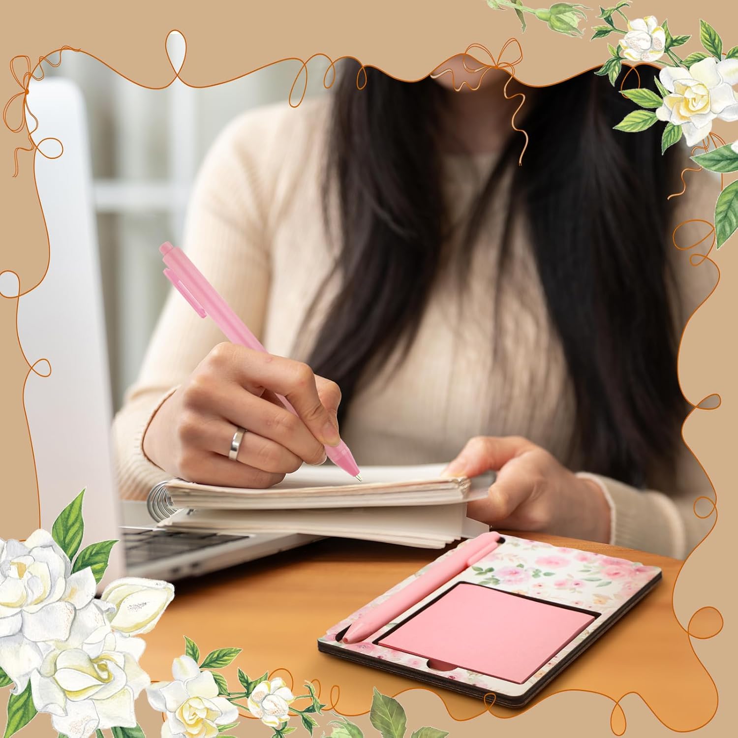 36 Pcs Flowers Wooden Sticky Note Holder Set Gifts for Mother Day Teacher Appreciation Gifts with Notes and Ballpoint Pens Floral Sticky Notes Notepad Holder Thank You for Coworker Employee
