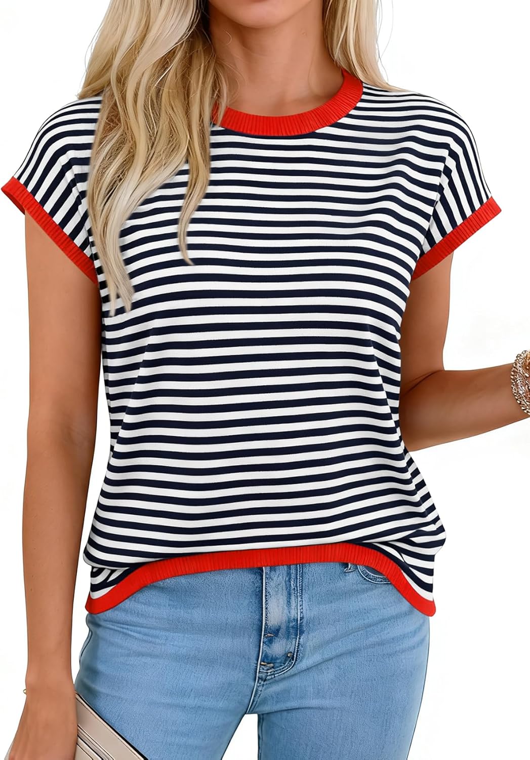 Cap Sleeve Tops for Women Summer Striped Short Sleeve Sweater Top Crew Neck Sleeveless Vest Spring Going Out Shirts - Image 2