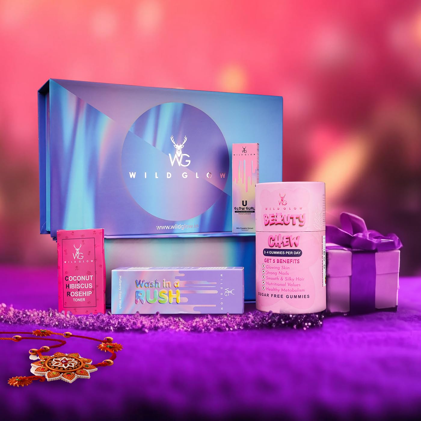 Wildglow Beauty Gift Hamper I Beauty & Skin Care for Women I Luxury Skincare Collection I 1Mulberry Face Wash,1CHR Toner,Vitamin C Moisturizer & Skin Gummies
