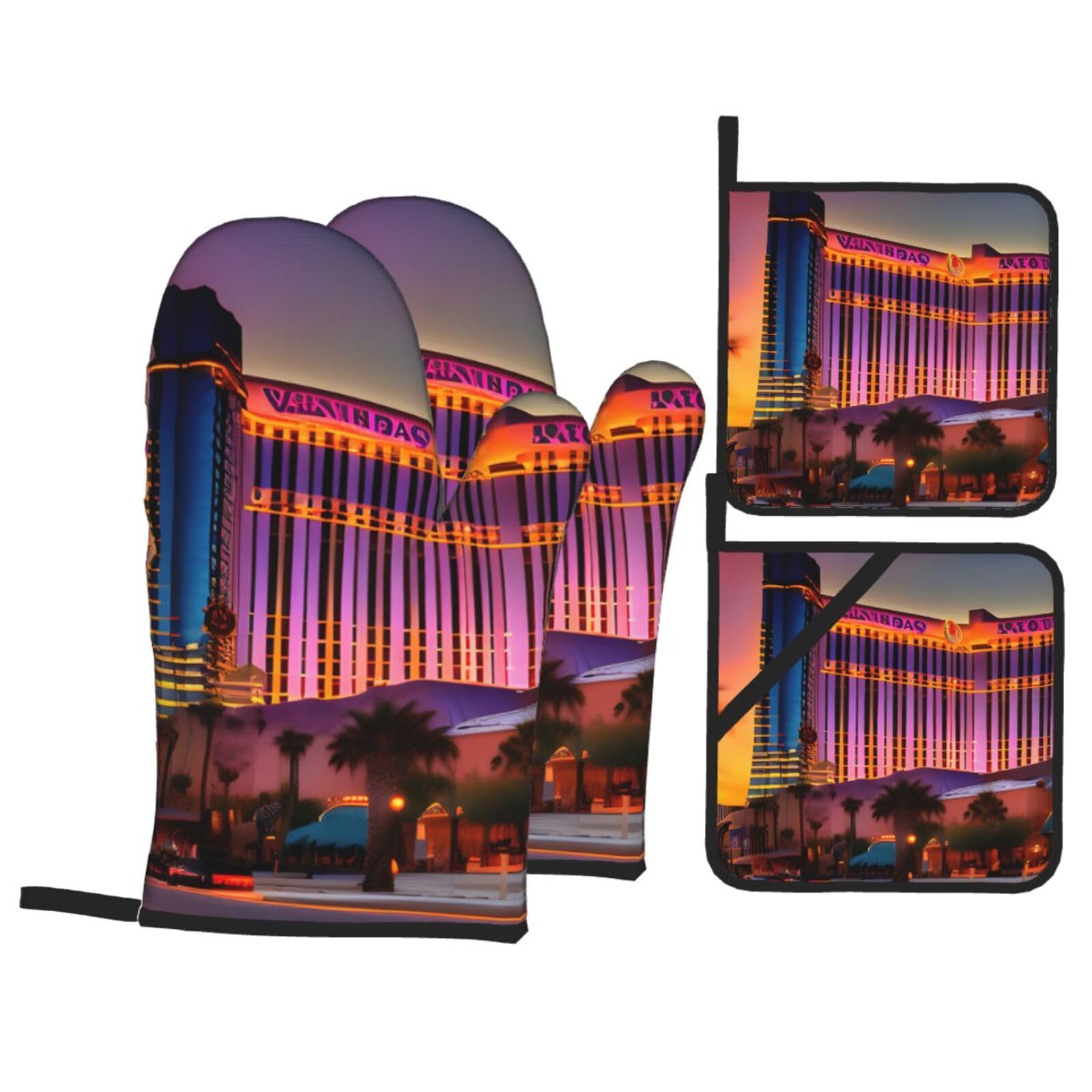 Las Vegas Sunset 1 Print 4-Piece Heat-Resistant Oven Waterproof Kitchen Gloves Cooking Roasting Essential