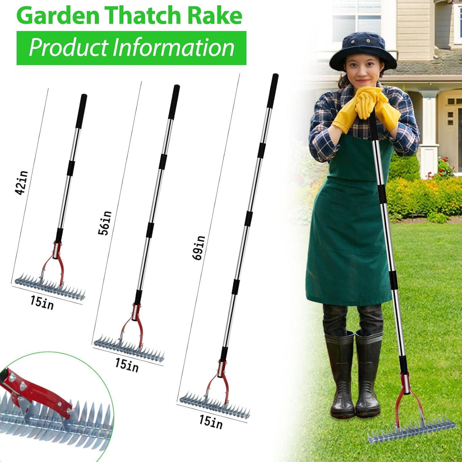 15-inch Lawn Dethatcher Rake, Efficient Steel Metal with Stainless Steel Handle, Heavy Duty Soil Grass Grooming Rake for Cleaning Dead Grass