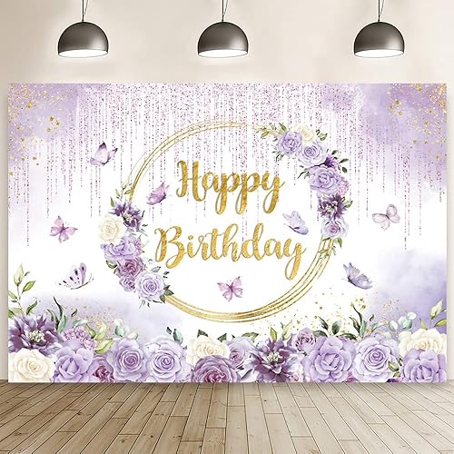 MEHOFOND Telón de fondo floral morado de primavera de 8 x 6 pies para niña violeta goteando purpurina cumpleaños fotografía fondo princesa fiesta