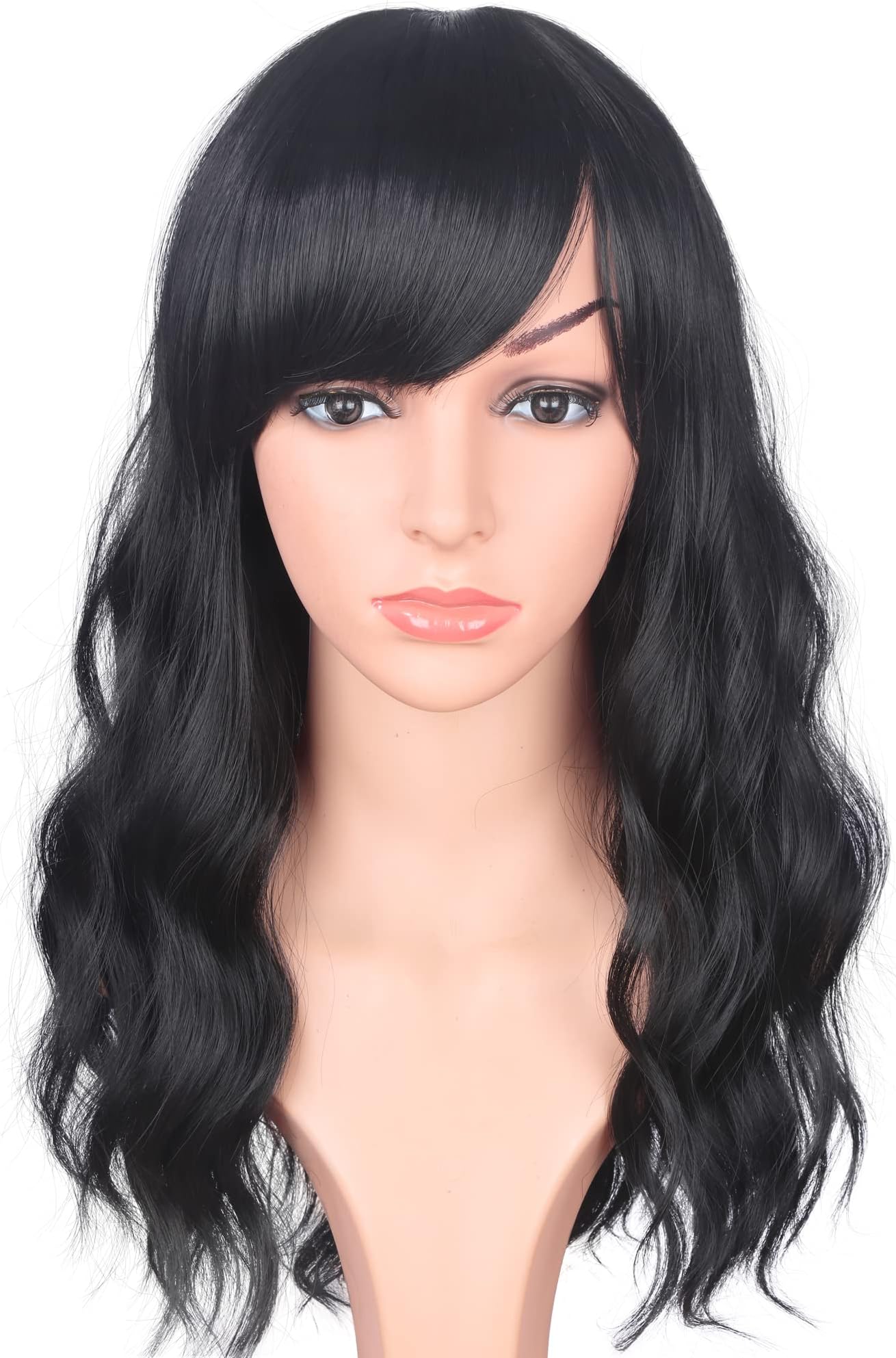 Medium Long Black Wavy Wigs For Women Synthetic Full Hair Natural Black Wigs With Side Bangs For Daily Use 16 Inches (NATURAL BLACK(1#))