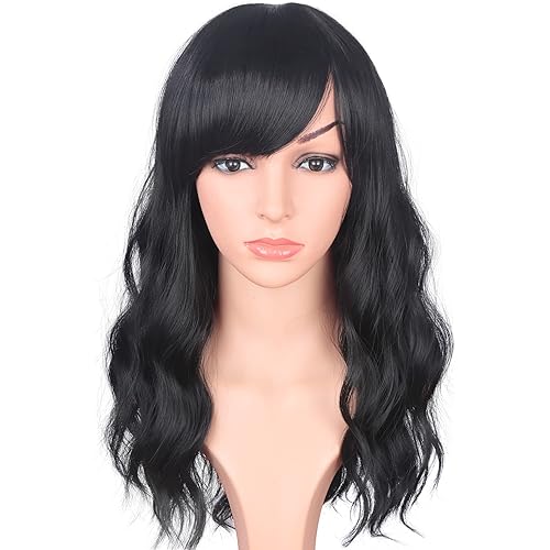 Medium Long Black Wavy Wigs For Women Synthetic Full Hair Natural Black Wigs With Side Bangs For Daily Use 16 Inches (NATURAL BLACK(1#))