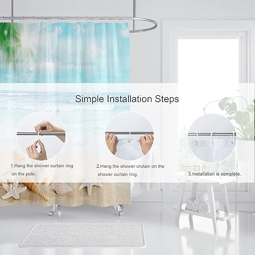 Miniatura 6 de Domoku Cortina de ducha de playa para baño, cortina de ducha 3D de tela con diseño de conchas marinas costeras, con 12 ganchos, impermeable,