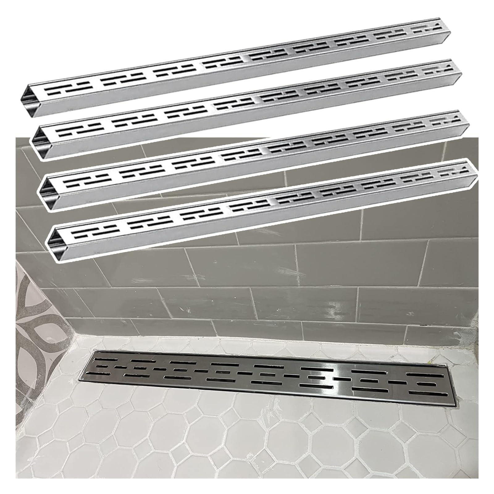 GJZQDKX Slim Trench Drain System, Outdoor Channel Drain Kit with Grate, Stainless Steel Drainage for Yard, Patio, Driveway