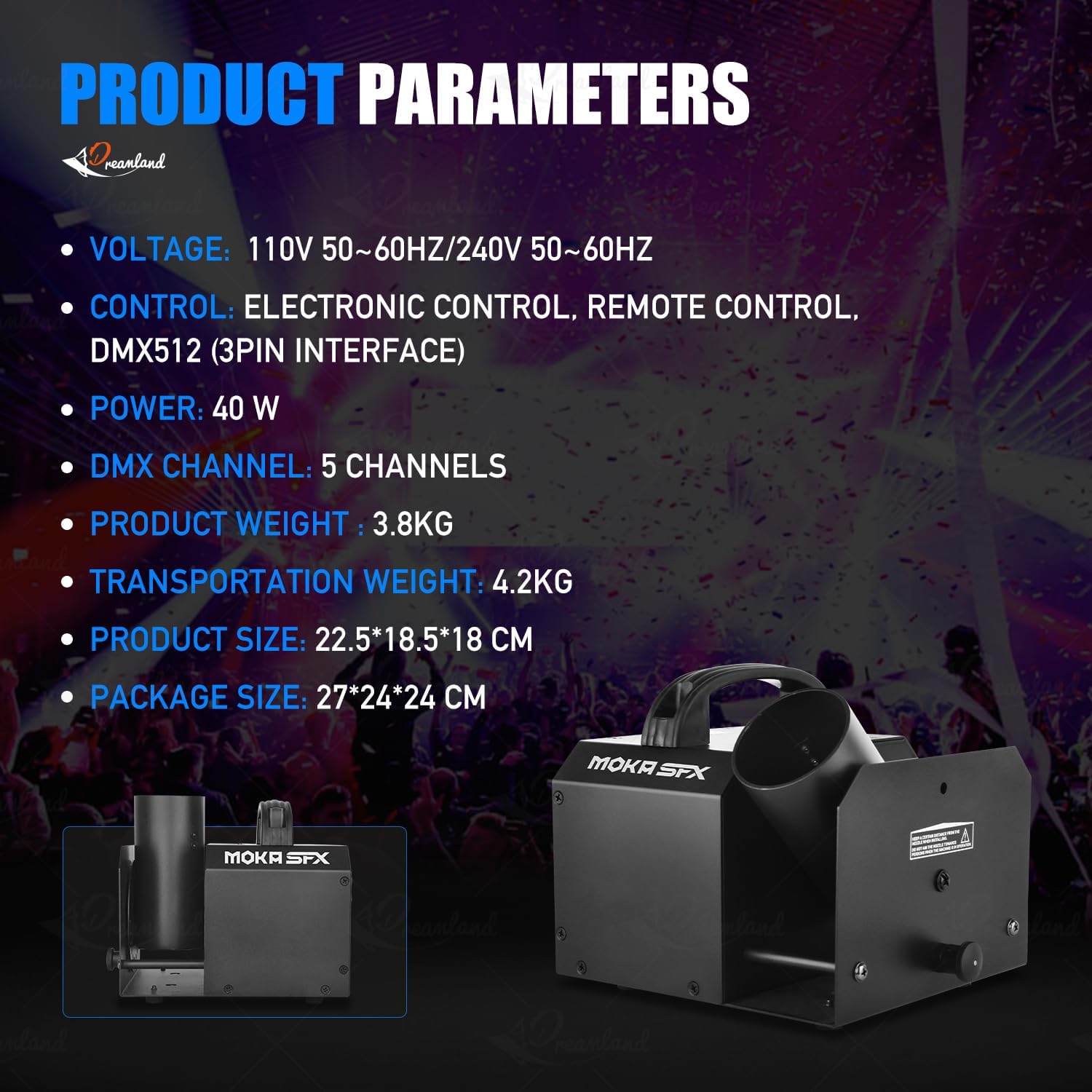 Image displaying product parameters for the MOKA SFX Confetti Cannon, including voltage, control, power, DMX channels, weight, and dimensions.