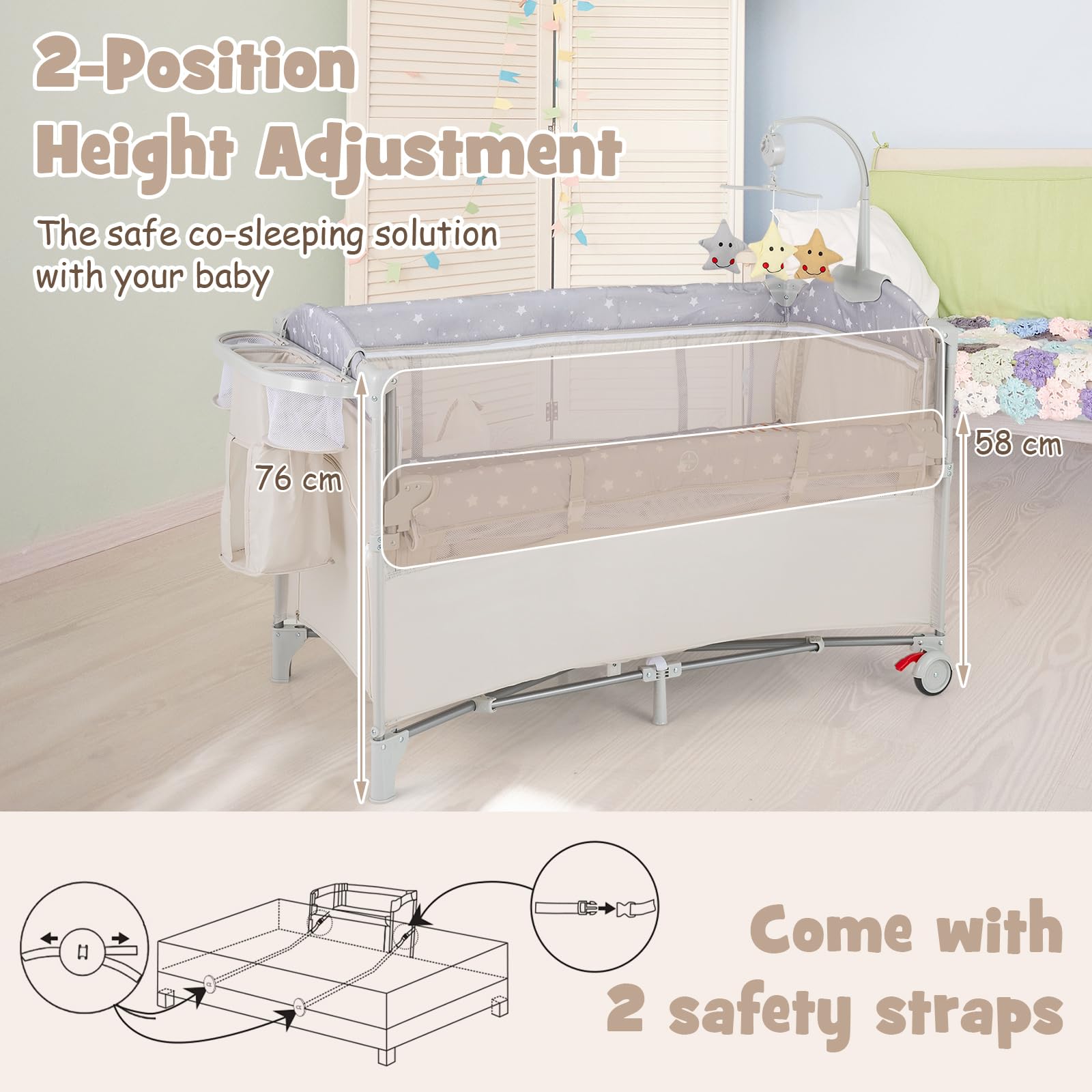 FANTASK 5 in 1 Faltbares Babybett, Beistellbett Baby mit Rollen, Spielbogen & Wickelauflage, Reisebett mit Matratze und Tragetasche, Mobiles Kinderreisebett für Baby bis 3 Jahren (Beige)
