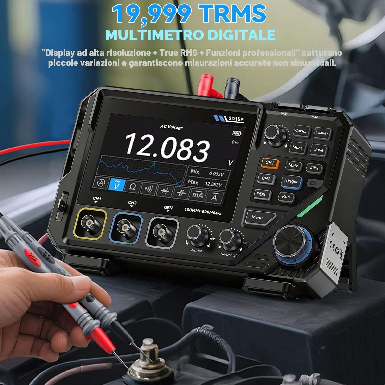 2D15P Oscilloscopio, 100 MHz Digitale Oscilloscopio Multimetro, Oscilloscopio Portatile 2 canali 3 in, 19.999 TRMS, Oscilloscopio Palmare di precisione 500 MSPS, Tester Oscilloscopio con touch screen