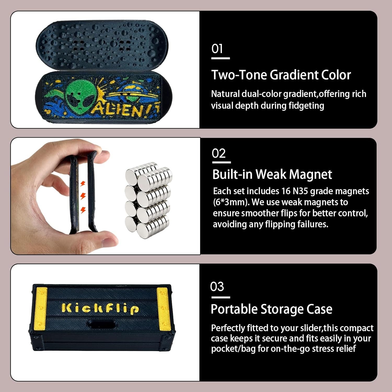3D Printed Kickflip Magnetic Slider Fidget for Adults,Mini Flipping Fingerboard Fidget Desk Toyswith Portable Storage Box